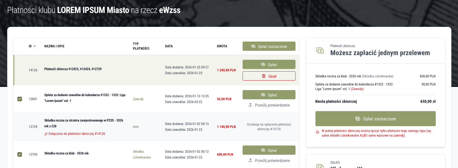 Ekran płatności zbiorczych z zaznaczonymi płatnościami