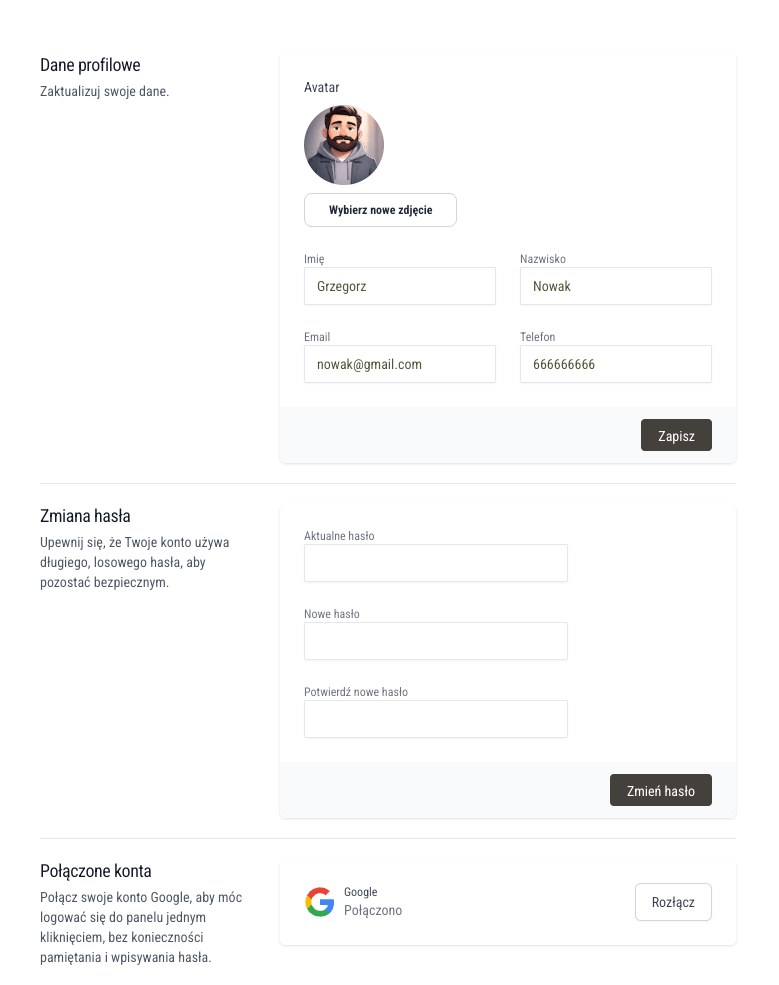 Profil z możliwością połączenia Google