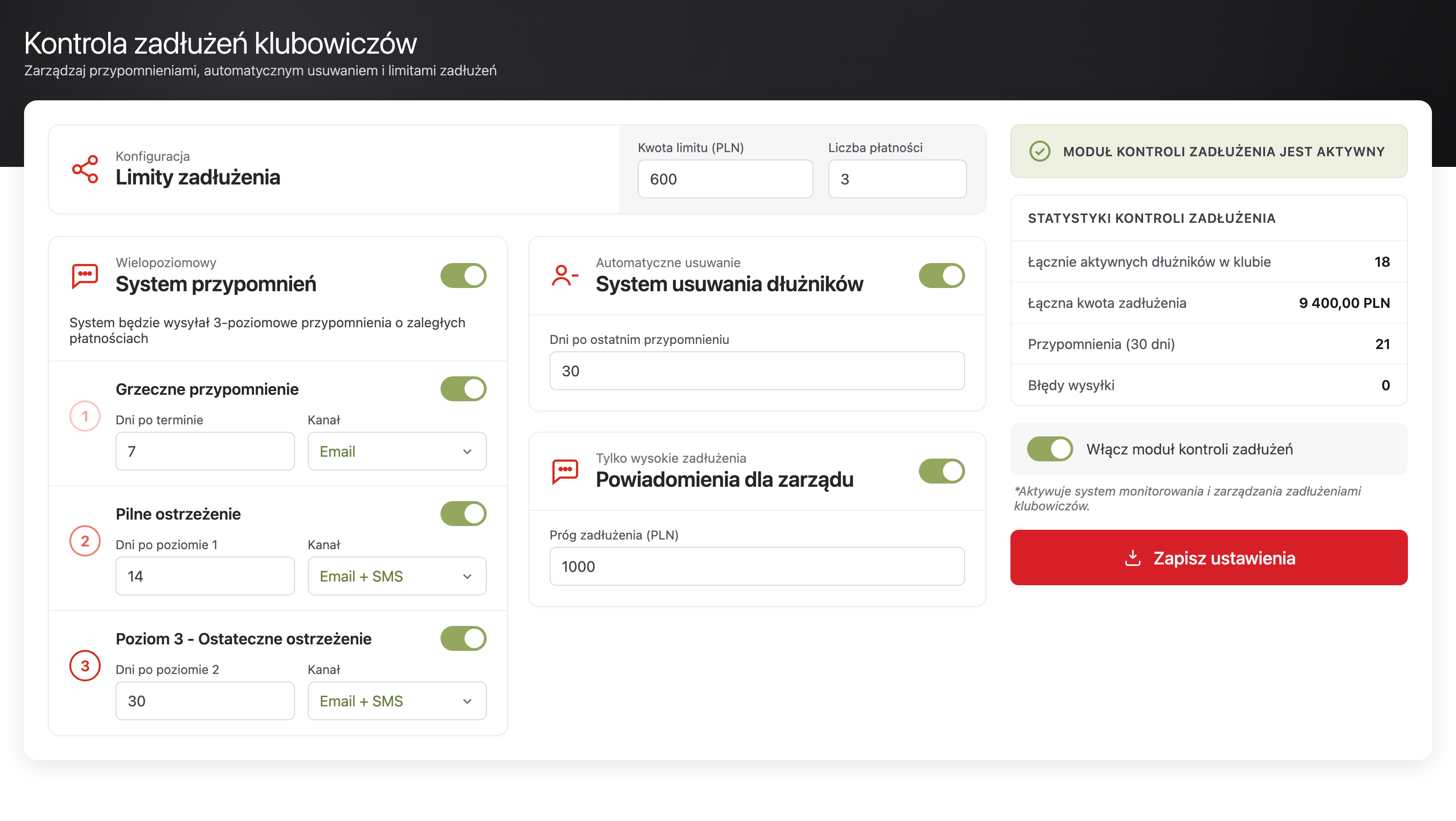 Ekran konfiguracji kontroli zadłużeń – limity, trzy poziomy przypomnień i automatyczne usuwanie